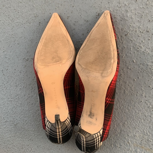 Zara Red Black Plaid Sling Back Pumps Heels Shoes - Picture 4 of 5